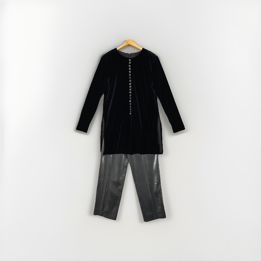Vtg JBS 2 Piece SET Womens 6 Black Velvet Tunic Metallic Lamé Pants Made in USA